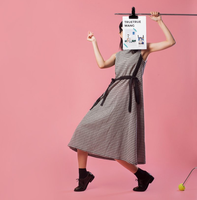 tan-tan / 格子高领抽绳洋装 - 洋装/连衣裙 - 其他材质 灰色