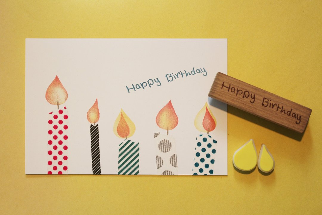 “Happy Birthday”木头印章＋烛光（水滴状）橡皮擦印章组 - 印章/印台 - 木头 咖啡色