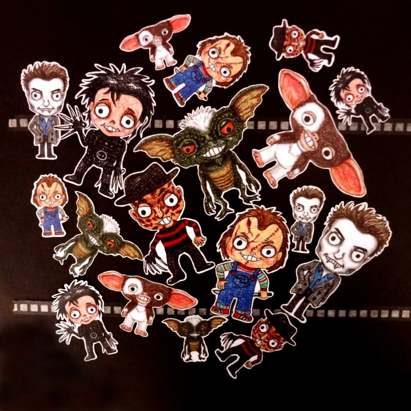 色铅笔手绘傻呼呼公仔娃娃系列防水贴纸〜电影明星套组(万圣节版)18入 - 贴纸 - 纸 多色
