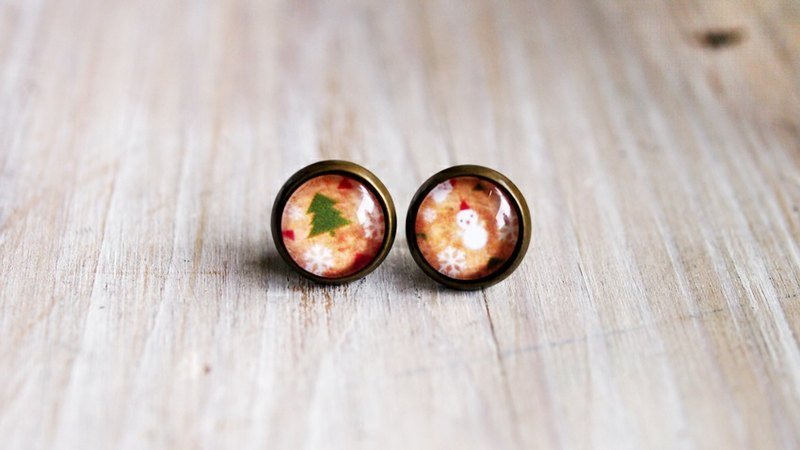 ♥圣诞节礼物♥ OldNew Lady-古铜色小圆形耳环【雪人与圣诞树】 - 耳环/耳夹 - 其他金属 咖啡色