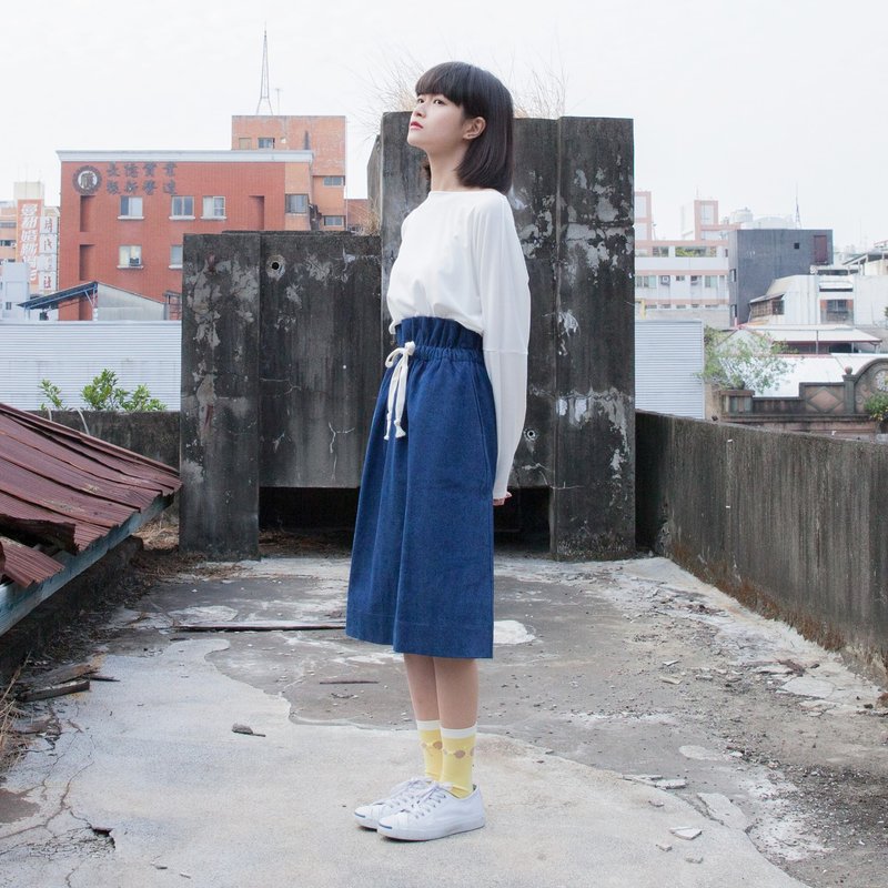 SUMI Lotus 荷叶过膝裙_3AF100_牛仔蓝 - 裙子 - 棉．麻 蓝色