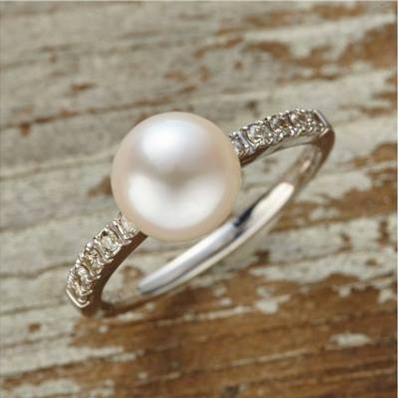 Ring K10WG and diamond and freshwater pearl petit jewelry ring FirstR02 - 戒指 - 其他金属 白色