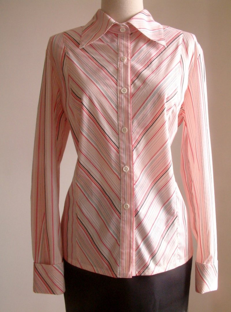 条纹长袖衬衫-红黑调 - 女装衬衫 - 其他材质 多色