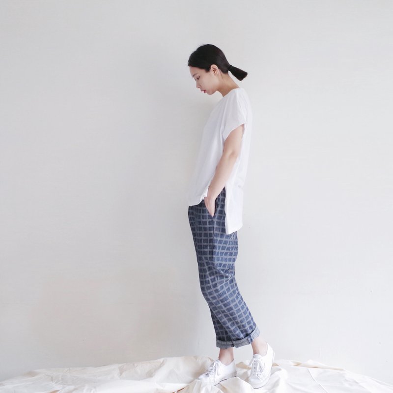 一小格 牛仔宽裤 - 女装长裤 - 棉．麻 蓝色