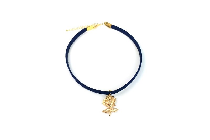 “金色玫瑰花-黑色麂皮颈链”细款 - 项链 - 真皮 金色