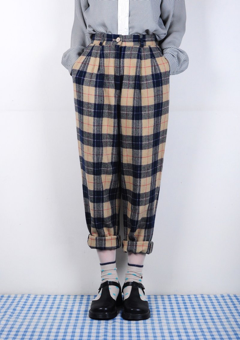 【蛋植物古着】格格脆格子毛料裤 - 女装长裤 - 其他材质 咖啡色