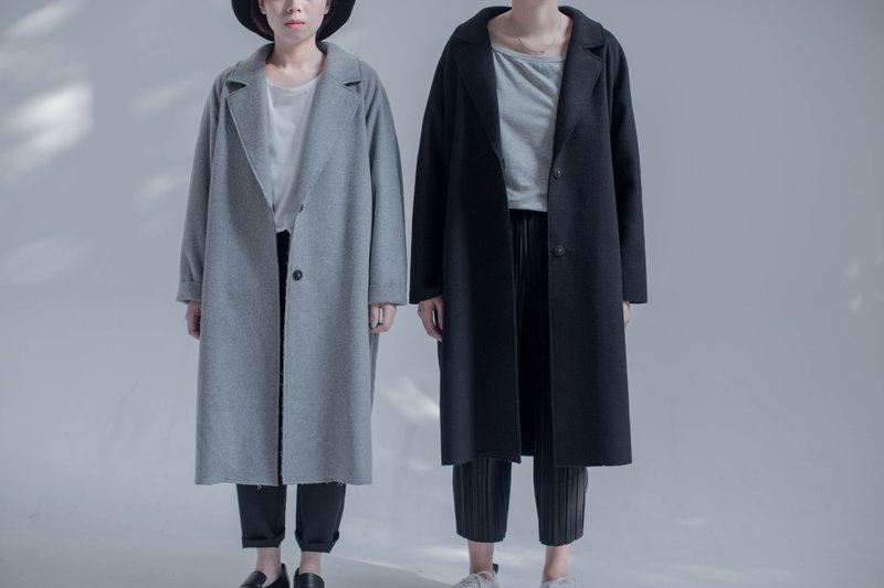 【黑色】60%羊毛 Oversize翻领单排扣 极简中性 茧形廓形双面羊毛外套大衣 黑灰两色 情侣大衣 - 女装休闲/机能外套 - 羊毛 黑色