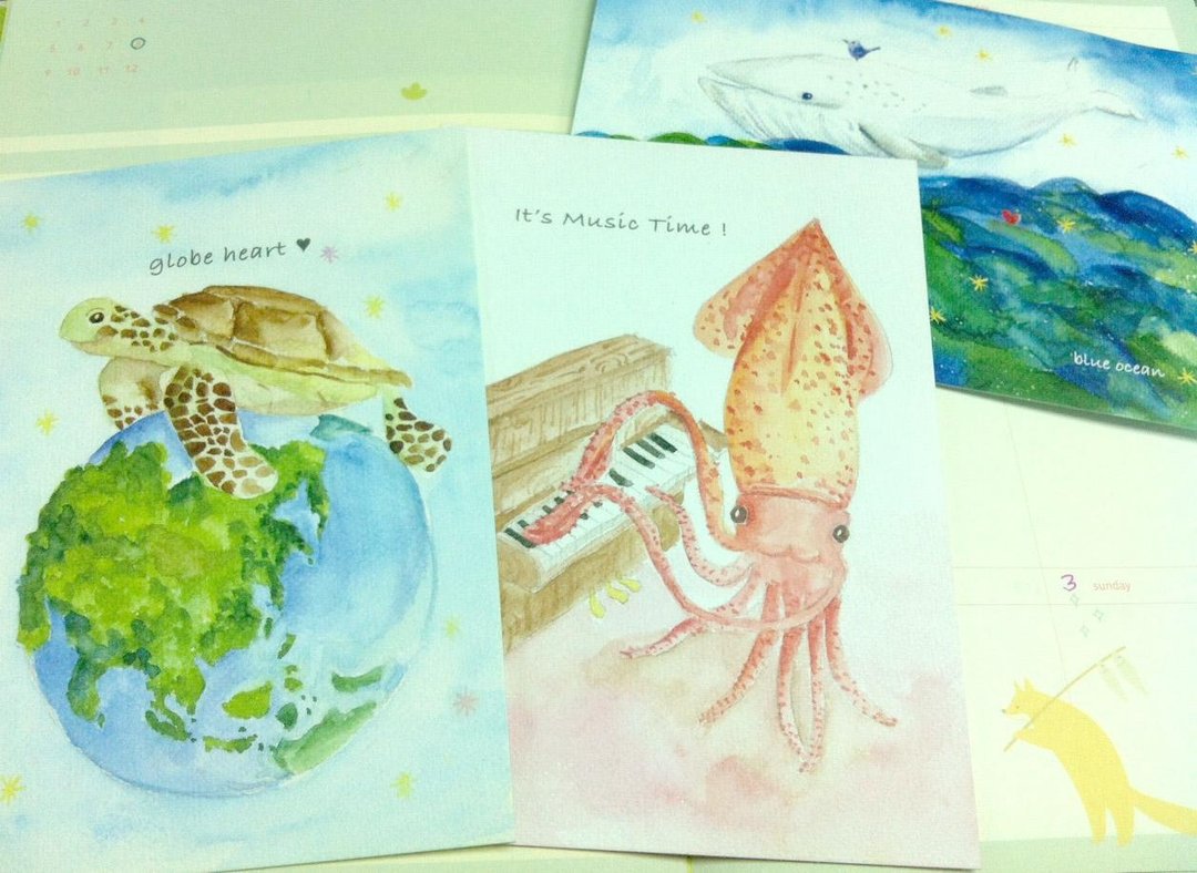 *Zoe's forest*海洋明信片3件组 小白鲸.海龟.乌贼 - 卡片/明信片 - 纸 