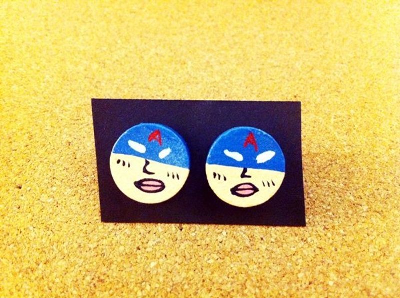 手绘木头耳针-美国队长 / captain  america - 耳环/耳夹 - 木头 蓝色