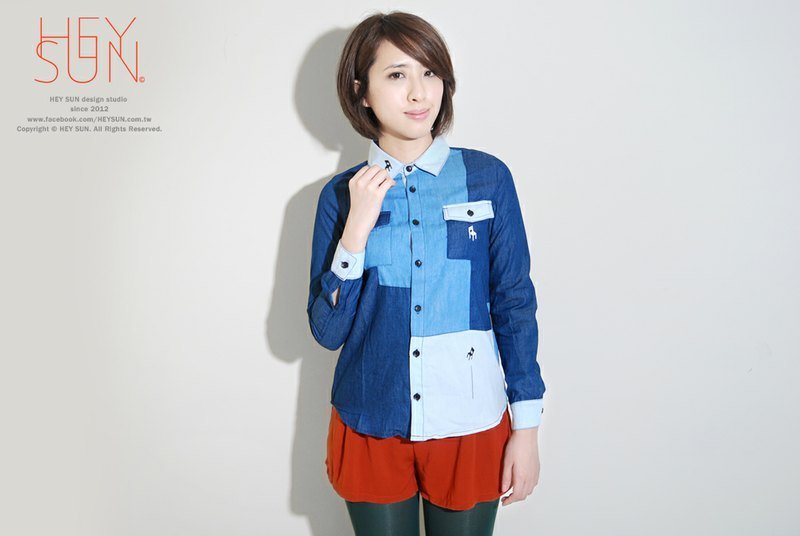 【M0239】HEY SUN独立手作品牌·坠落椅子被接住了吗拼接牛仔衬衫 - 女装衬衫 - 其他材质 蓝色