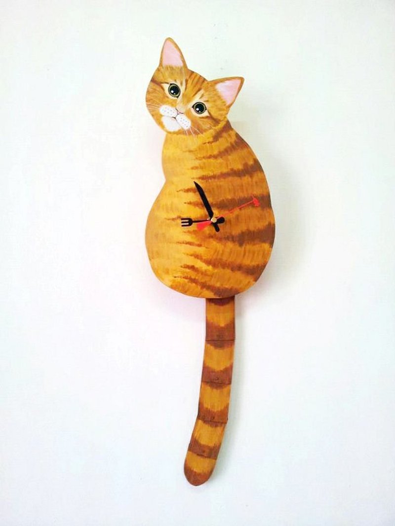 猫咪摇摆手工挂钟 - 时钟/闹钟 - 木头 咖啡色