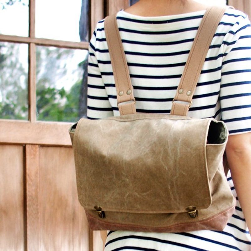 快乐的出帆布后背横式大书包-灰绿咖啡双搭(缺货) - 侧背包/斜挎包 - 其他材质 绿色