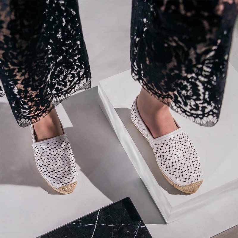 e cho 轻夏慵懒蕾丝休闲草编鞋 ec29小白花 - 女款休闲鞋 - 真皮 白色