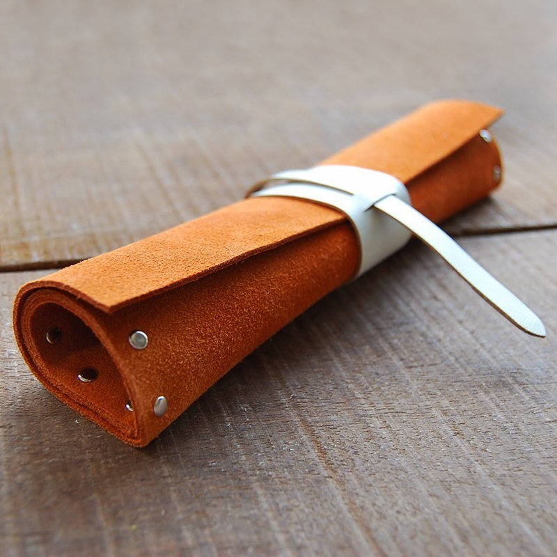 亮橘色牛戎皮笔卷/工具袋/笔袋 - 铅笔盒/笔袋 - 真皮 橘色