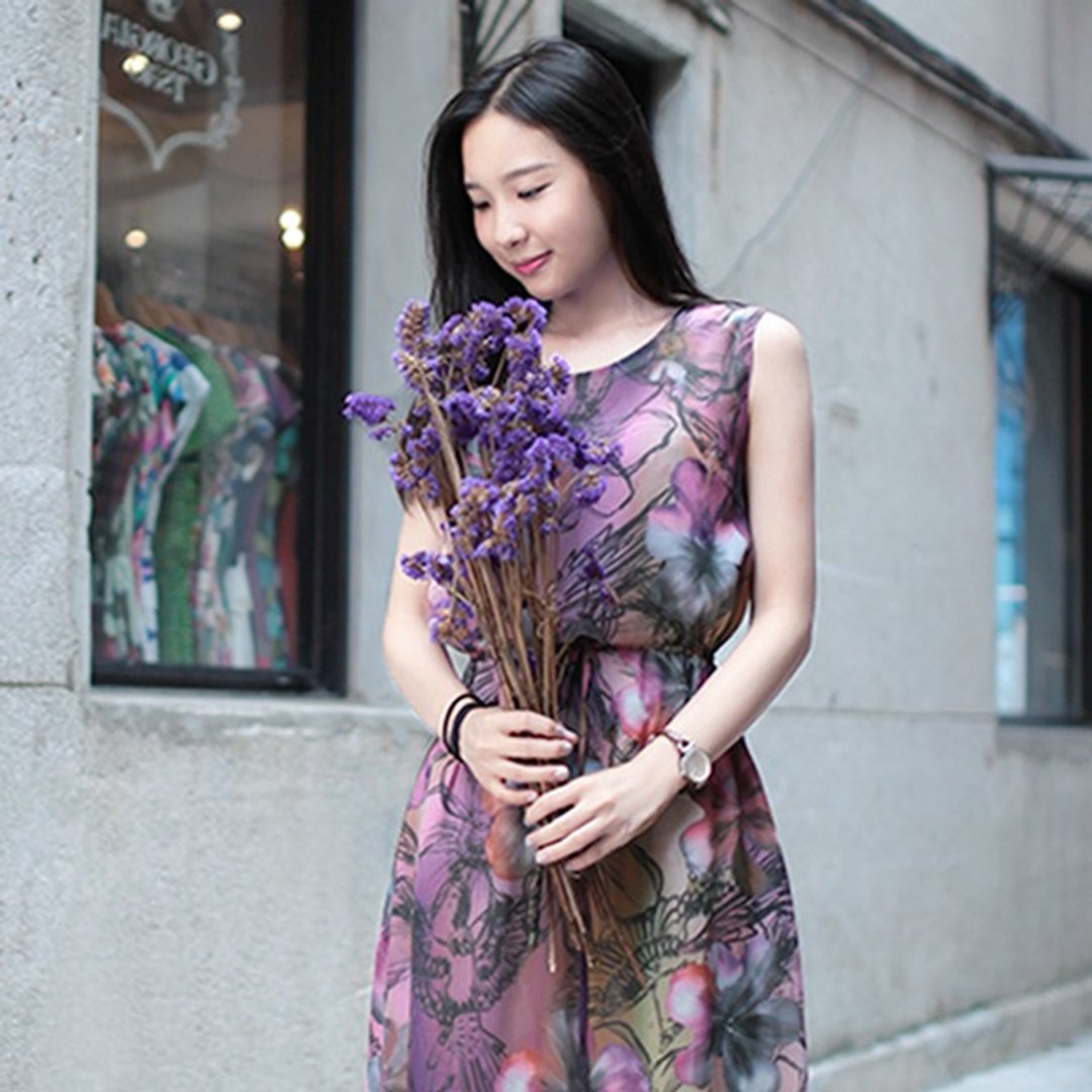 粉紫花鸟无袖抽绳长洋装 - 洋装/连衣裙 - 其他材质 