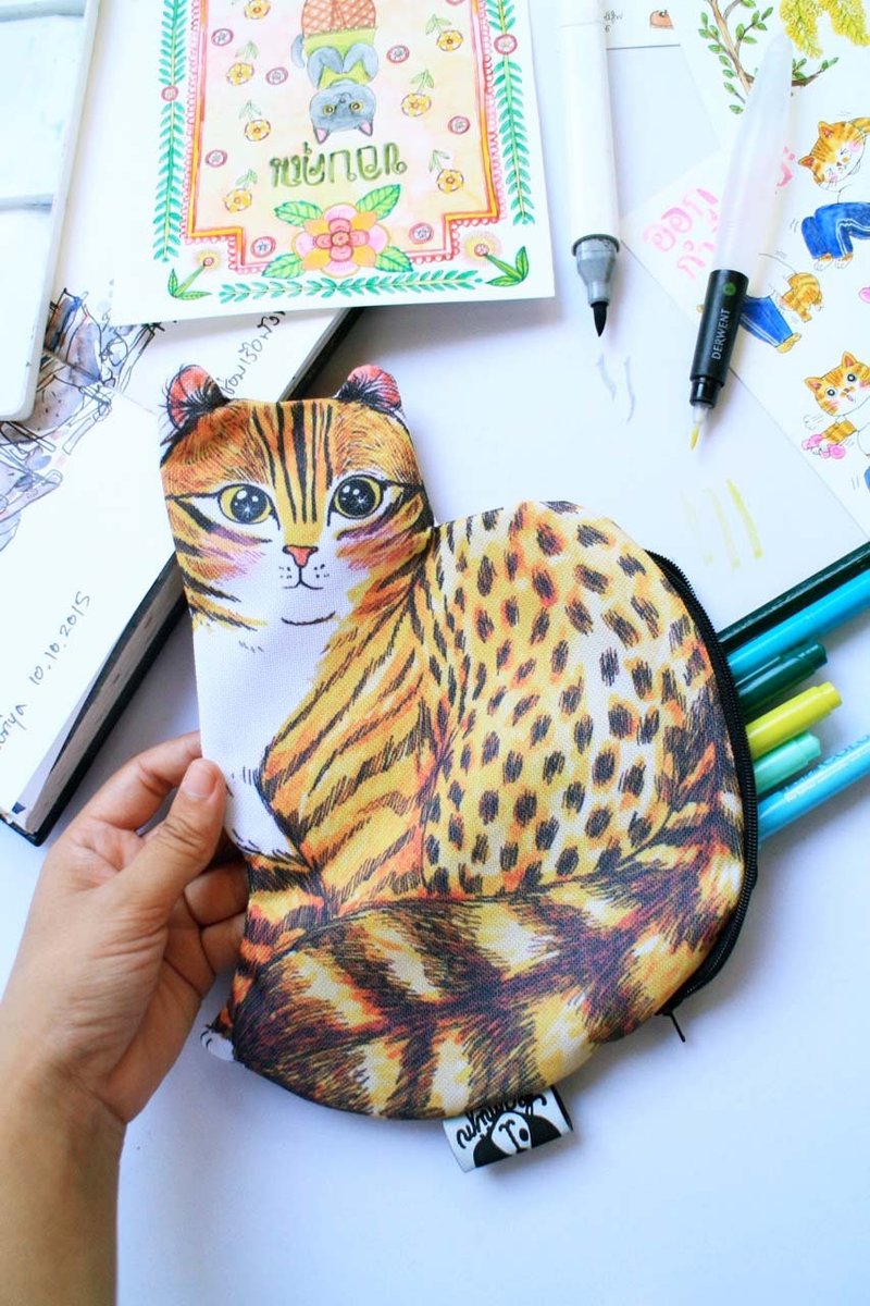 圆耳虎斑猫杂物包 - 化妆包/杂物包 - 其他材质 橘色