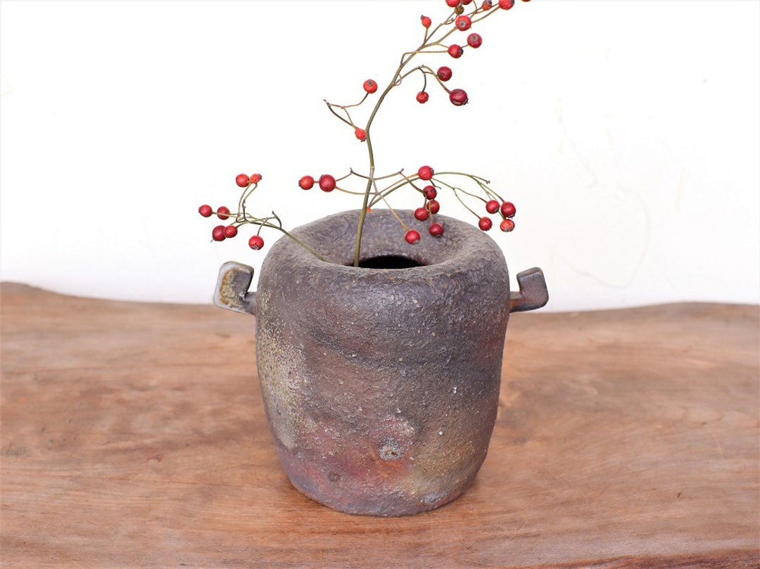 日本冈山备前 陶器 花瓶 花插 花器 h1-003 - 植栽/盆栽 - 陶 咖啡色