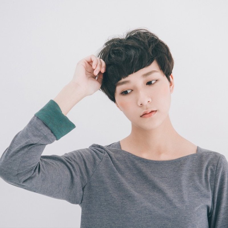 许许儿♪简约棉柔撞色上衣-蓝灰 - 女装上衣 - 其他材质 蓝色