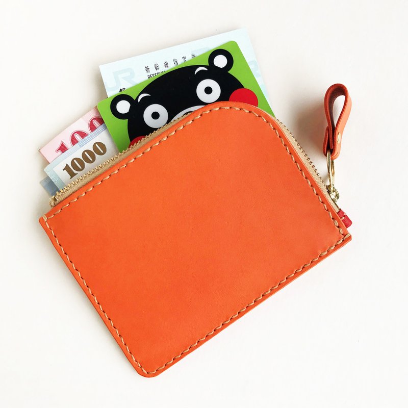 【交换礼物】小弯包  皮革钱包/短夹/植鞣革/手工缝制 -香橙橘 - 皮夹/钱包 - 真皮 橘色