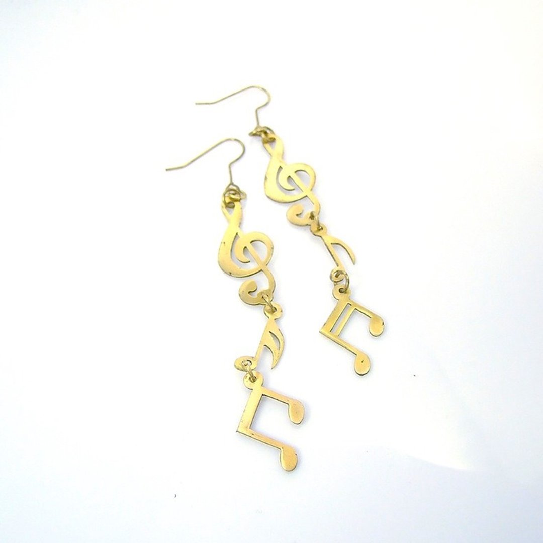 Music note  earring in brass hand sawing - 耳环/耳夹 - 其他金属 