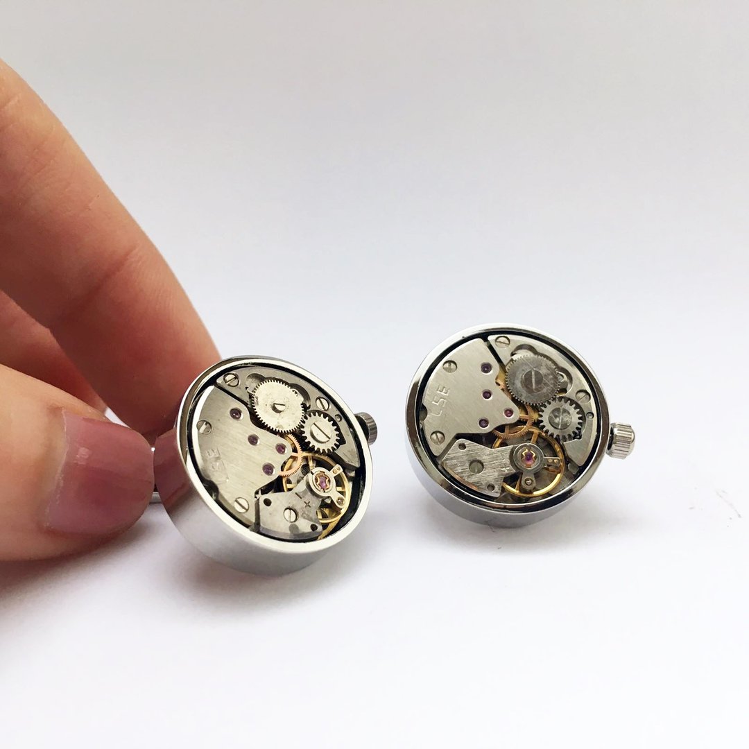 机械表芯袖扣-圆形 (亮黑,银色,金色) Mechanical Cufflink - 袖扣 - 其他金属 