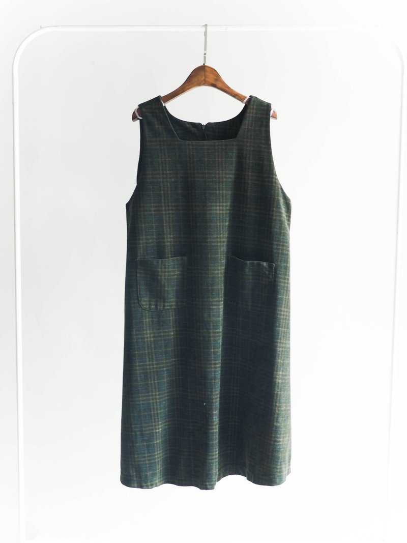 河水山 - 墨绿秋黑少女格纹时代 法兰绒古董连身吊带洋装 古着 日本 overalls - 洋装/连衣裙 - 棉．麻 绿色