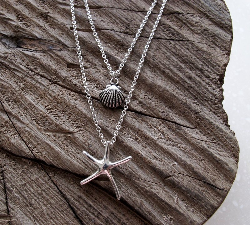 925纯银 双链-海星贝壳银链 - 项链 - 其他金属 白色