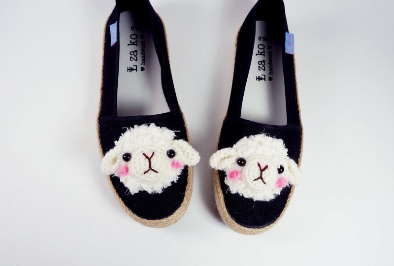 黑底 纯棉帆布手作鞋 羊咩咩 款 (有编织款) - 女款休闲鞋 - 棉．麻 白色