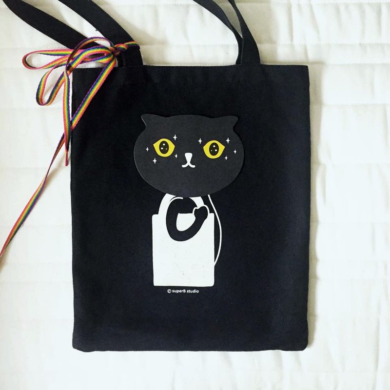 ↀᆺↀ✦ 坏上加坏组合 - 坏猫咪帆布袋+明信片 - 侧背包/斜挎包 - 其他材质 黑色