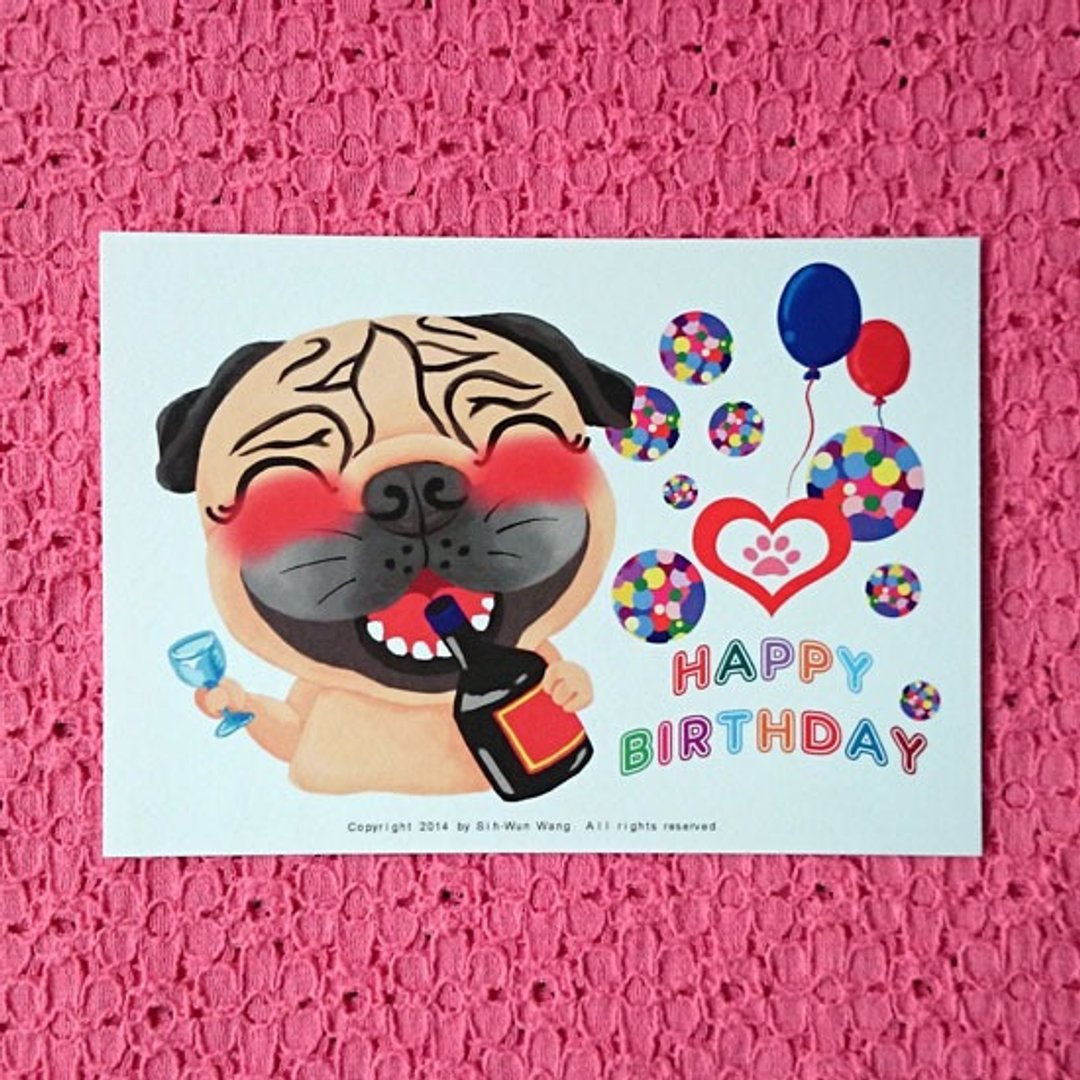 Happy Birthday 生日快乐 巴哥明信片-03 - 卡片/明信片 - 纸 白色