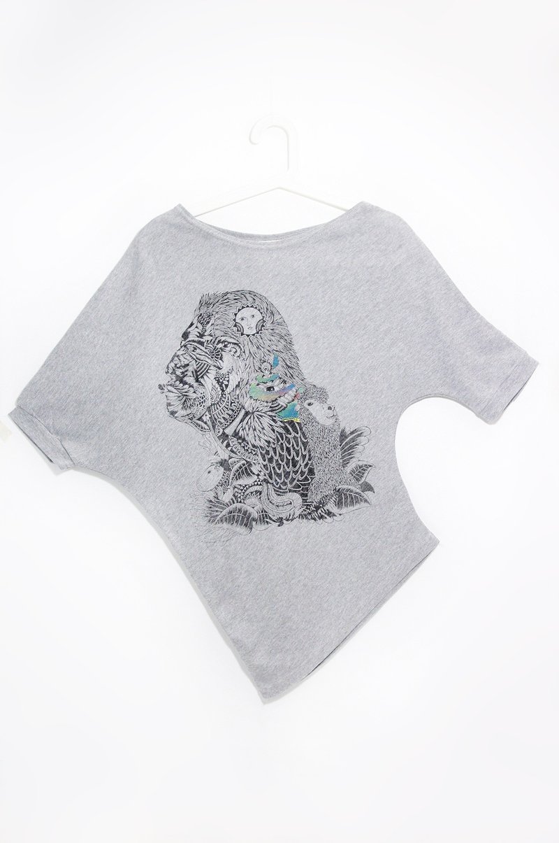 女装个性不规则斜肩上衣 / T-shirt - 南美印地安 ( 麻花灰 ) - 女装上衣 - 棉．麻 灰色