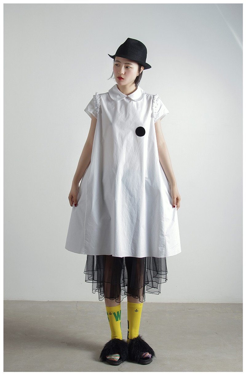 简约小黑点中款连身裙 - imakokoni - 裙子 - 棉．麻 黑色