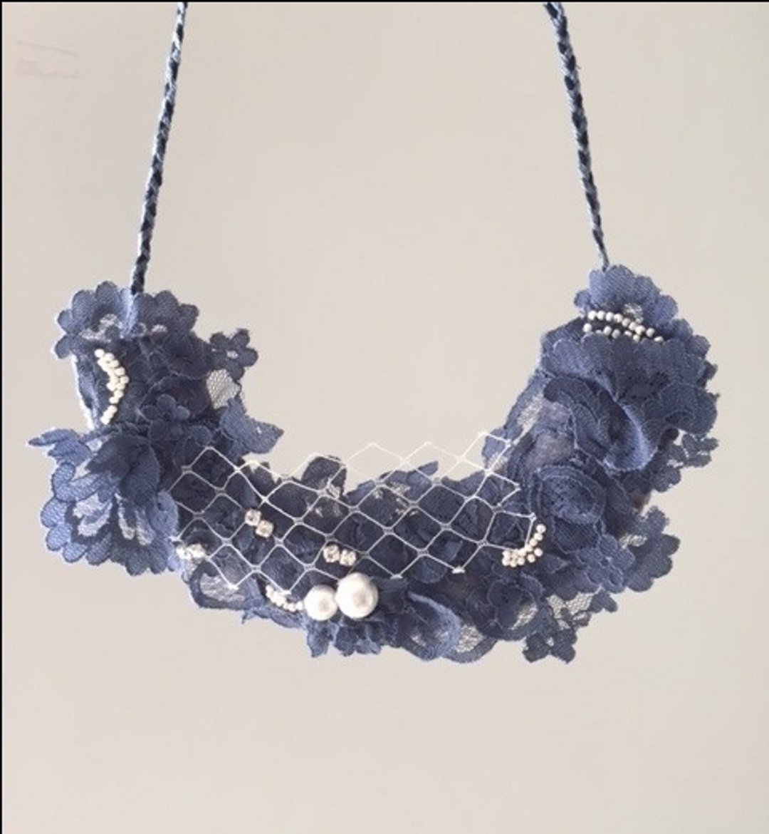 [ Bluesy Mod ] --- Beaded Lace Necklace . 手缝蕾丝棉花珍珠米珠项链 (BBL4) - 项链 - 其他材质 蓝色