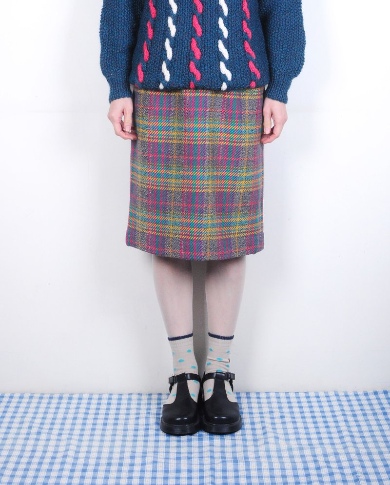【蛋植物古着】缤纷彩虹格子古着毛料裙 - 裙子 - 其他材质 多色