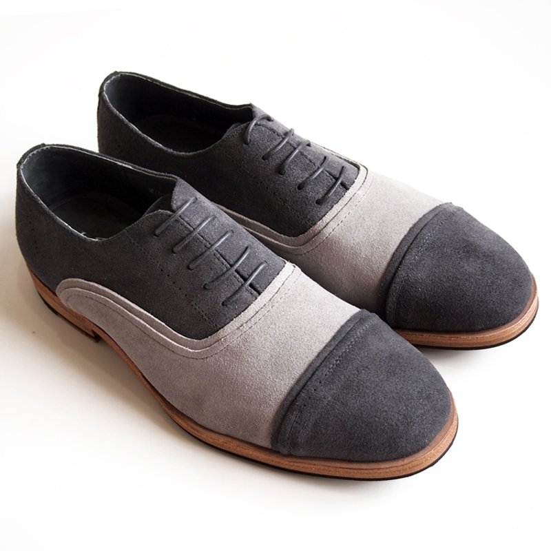 [LMdH]D1A08-95手工擦色小牛麂皮Cap-toe开普托雕花木跟牛津鞋·灰配色·免运费 - 男款牛津鞋/乐福鞋 - 真皮 灰色