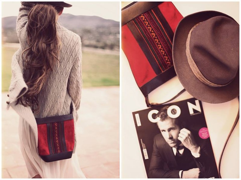 Juan民族风绒面手工织纹水桶侧肩包 红 - 侧背包/斜挎包 - 真皮 红色