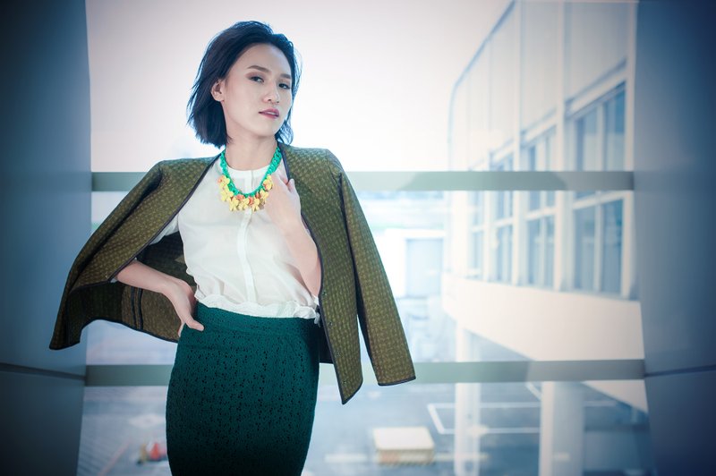 Cotillard千鸟格短版外套 - 女装休闲/机能外套 - 其他材质 绿色