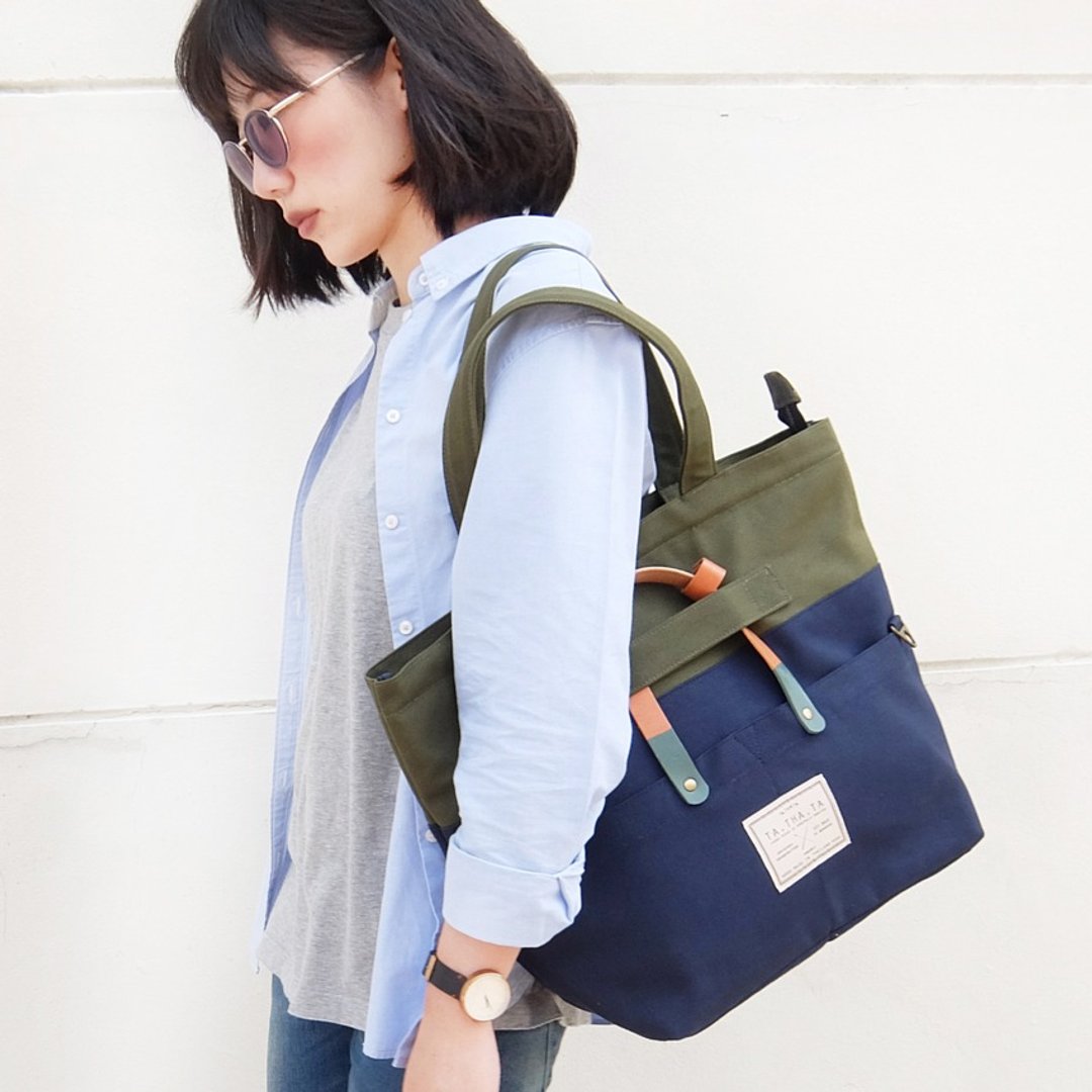 Grey Bag : 3 用背法 - 抹茶绿色和深蓝色手提袋 - 侧背包/斜挎包 - 其他材质 绿色