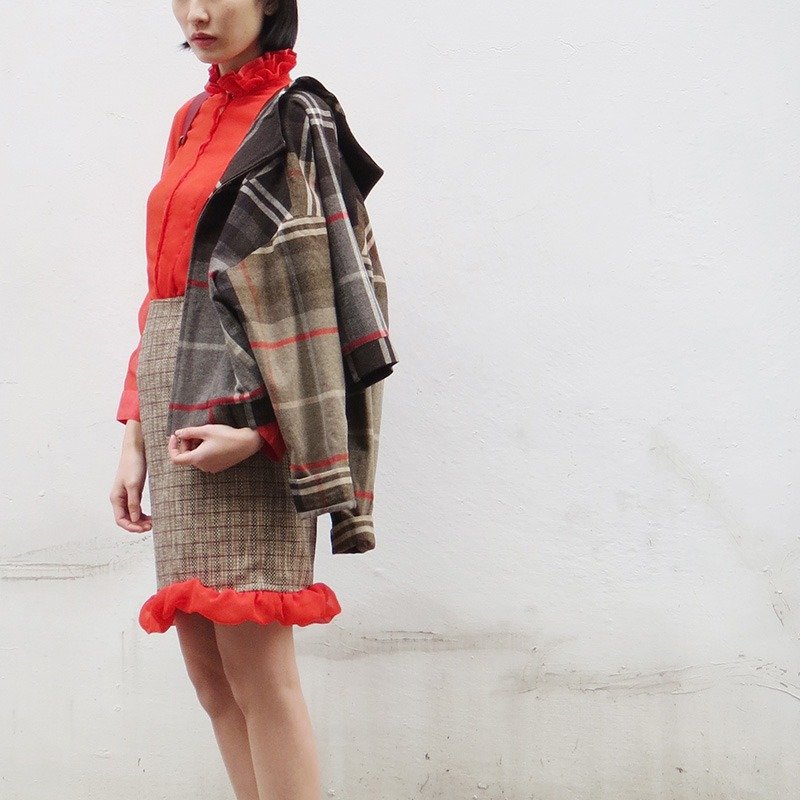 格子毛料短版骑士外套 - 女装休闲/机能外套 - 羊毛 咖啡色