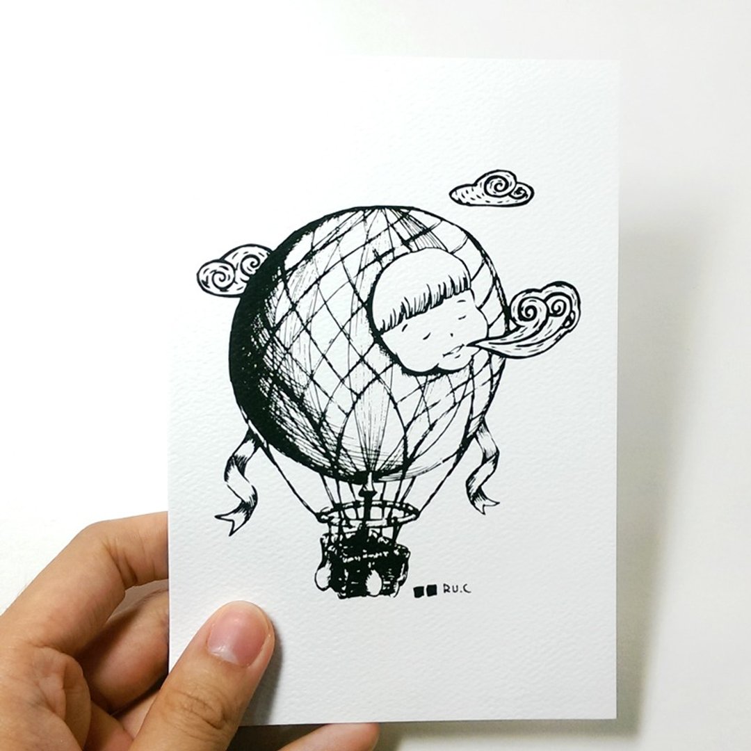 明信片 ★  肥妹仔热气球 黑白 - 卡片/明信片 - 纸 多色