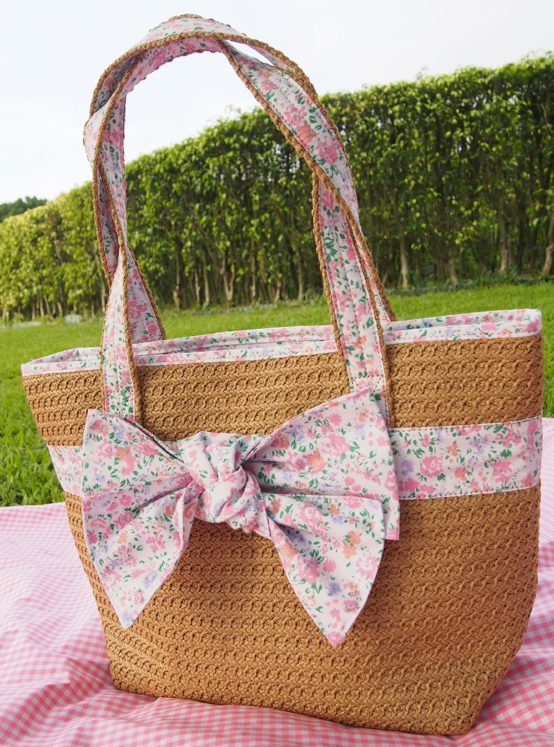 Picnic 小碎花肩背大编织包 - 侧背包/斜挎包 - 其他材质 咖啡色