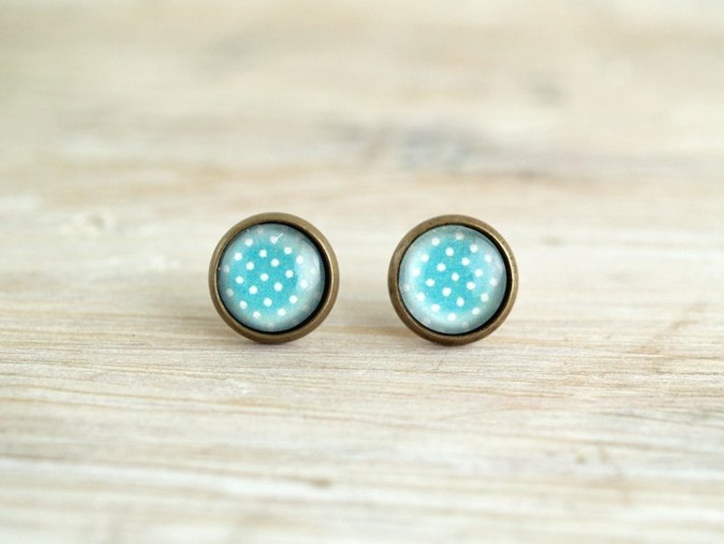 ♥订做小礼物♥ OldNew Lady-古铜色小圆形耳环-水玉点点【梦幻蓝绿色】 - 耳环/耳夹 - 玻璃 蓝色