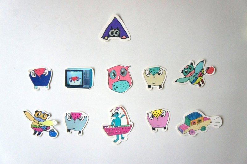 猫头鹰邮差  super car 不洗澡 蒙面侠趴窗台 电视机猫头鹰  整组小贴纸内含10张 - 贴纸 - 纸 多色