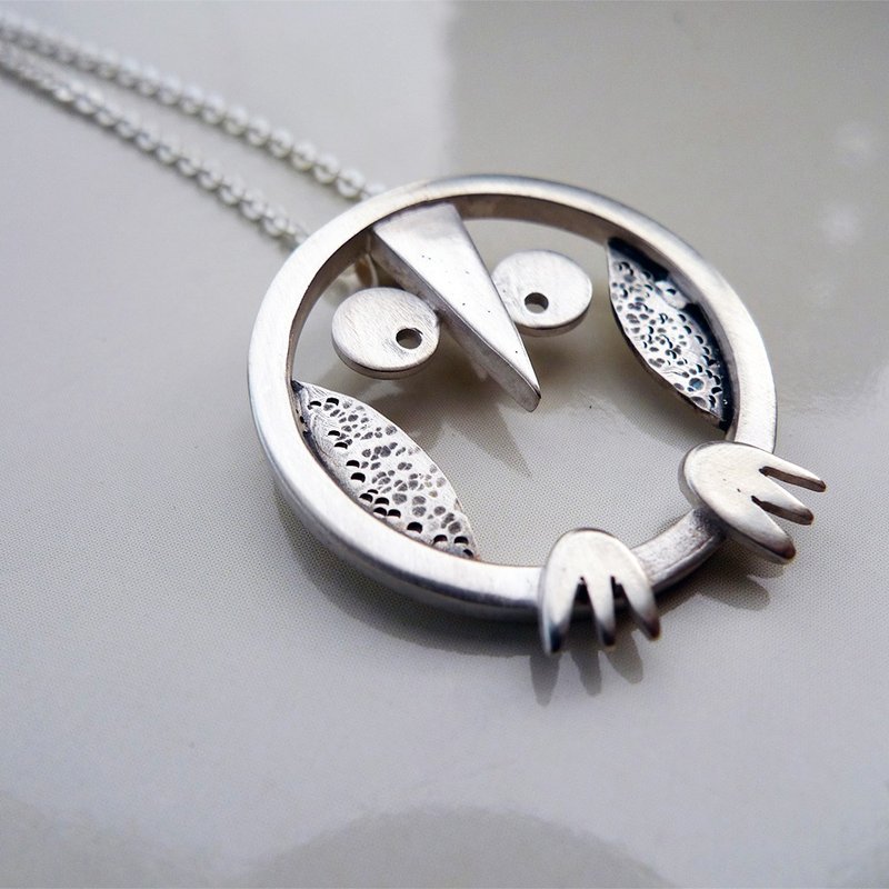 咕噜噜猫头鹰(手工纯银坠饰项链),疗愈系饰品, 爱自己,幸福中 - 项链 - 纯银 白色