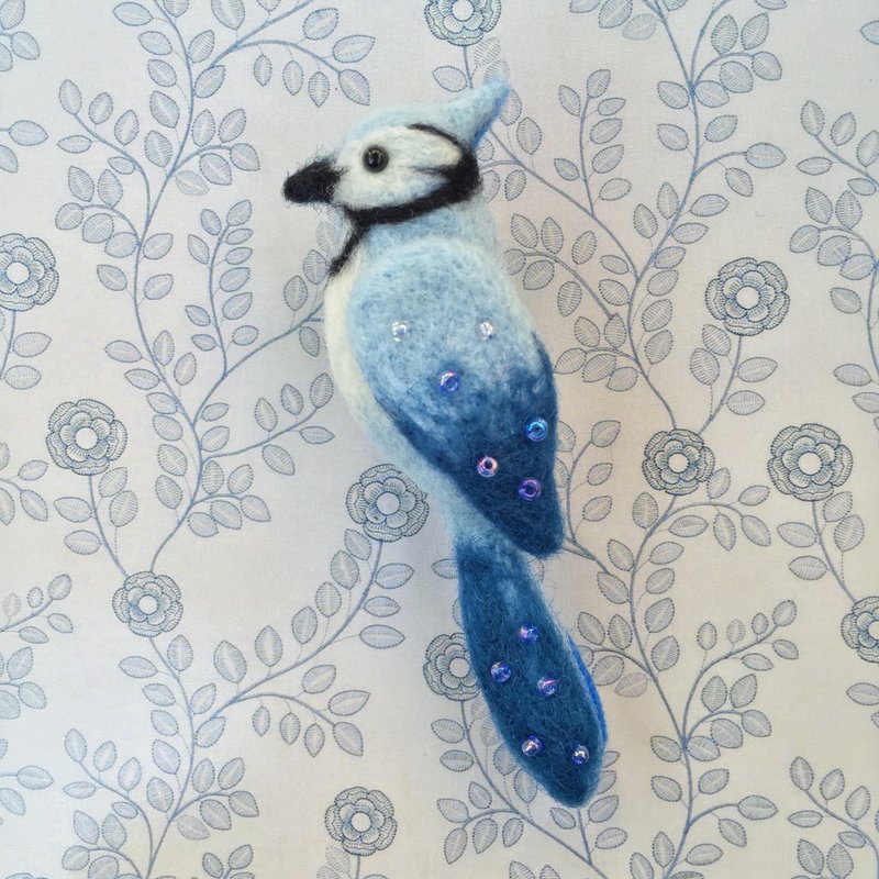 冠蓝鸦－手作羊毛毡别针 - 胸针 - 羊毛 蓝色