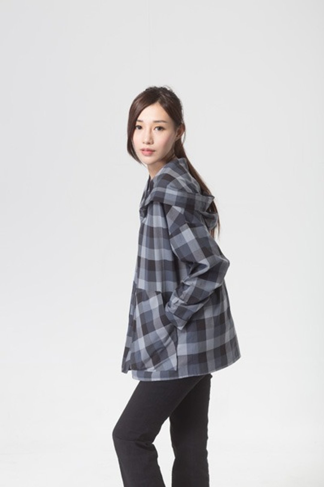 大帽披肩衬衫外套 (格纹) - 女装衬衫 - 其他材质 