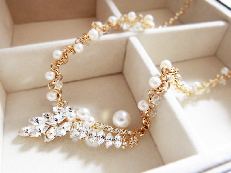 【珍珠羽毛】闪耀锆石项链 - 项链 - 宝石 卡其色