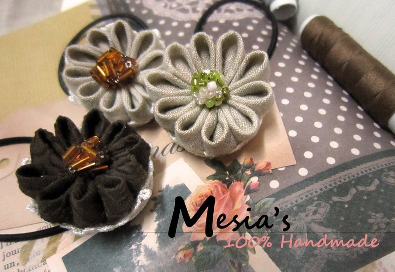 复古田园系列 花纹&棉麻100%手作布包钮扣发束发圈发饰 - 发饰 - 其他材质 咖啡色