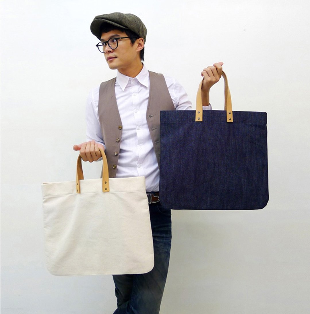 DENIM-手做皮革丹宁牛仔帆布手提/托特/笔电包 - 手提包/手提袋 - 棉 蓝色