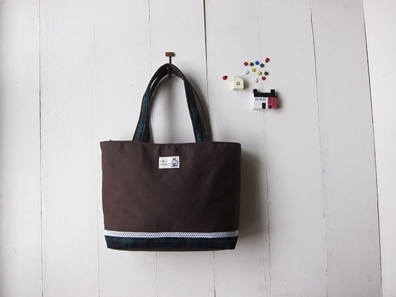 蕾丝系列 - 帆布格子咖啡+浅棕中型托特包 (拉链开口款) - 侧背包/斜挎包 - 其他材质 多色